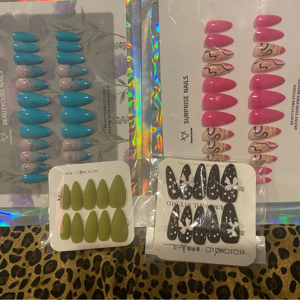 Assorted Press-On Nail Sets – Blue, Pink, Olive, Black
